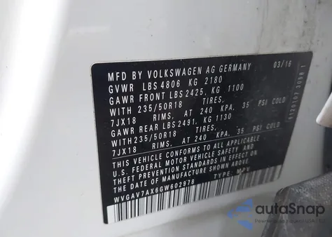 2016 Volkswagen Tiguan Se from USA, damaged, VIN WVGAV7AX6GW602978